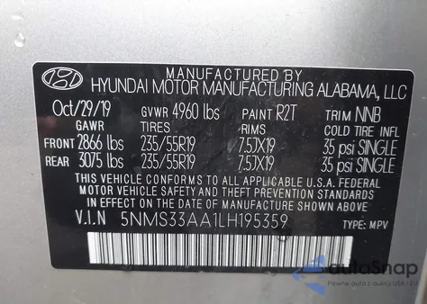 2020 Hyundai Santa Fe Sel z USA, uszkodzony, nr VIN 5NMS33AA1LH195359